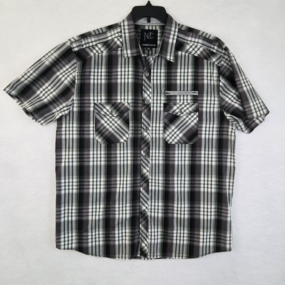 Modern Culture Men's Black Gray Plaid Short Sleeve Button Down Dress Shirt 3XL